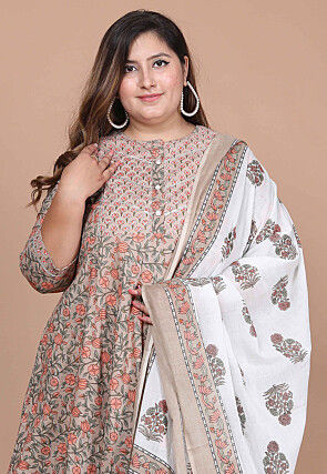 Printed Pure Cotton Pakistani Suit in Fawn