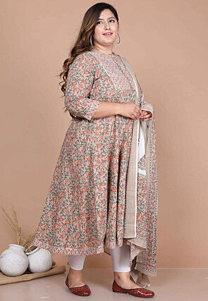 Printed Pure Cotton Pakistani Suit in Fawn