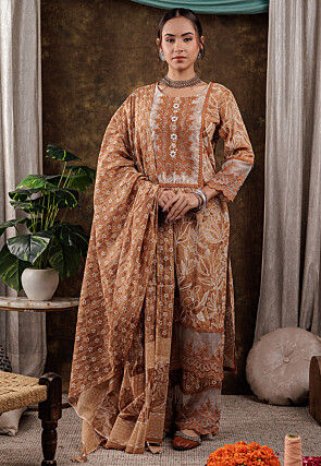Printed Pure Cotton Pakistani Suit in Light Brown