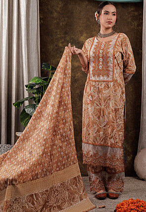 Printed Pure Cotton Pakistani Suit in Light Brown