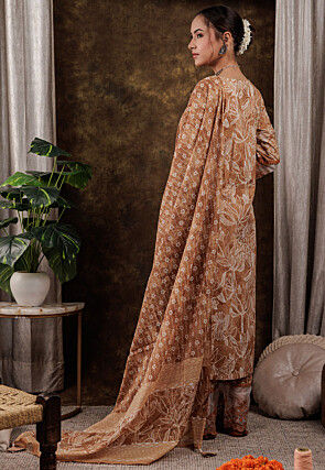 Printed Pure Cotton Pakistani Suit in Light Brown