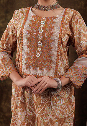 Printed Pure Cotton Pakistani Suit in Light Brown