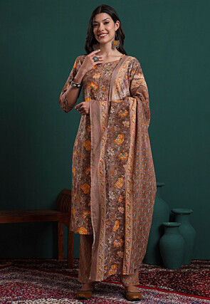 Printed Pure Cotton Pakistani Suit in Light Brown