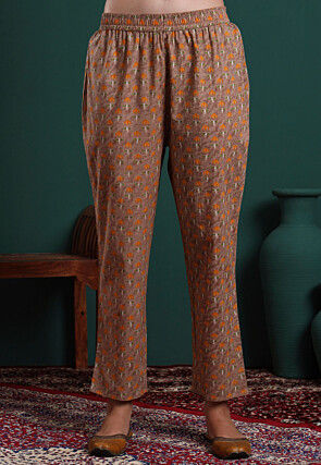 Printed Pure Cotton Pakistani Suit in Light Brown