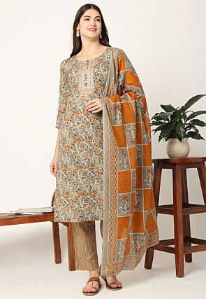 Printed Pure Cotton Pakistani Suit in Light Fawn