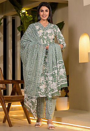 Printed Pure Cotton Pakistani Suit in Light Green