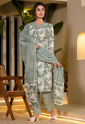 Printed Pure Cotton Pakistani Suit in Light Green