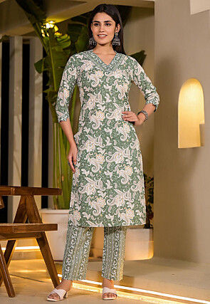 Printed Pure Cotton Pakistani Suit in Light Green