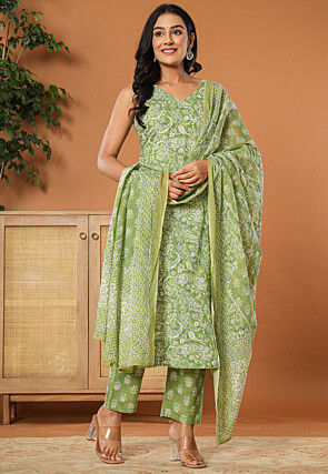 Printed Pure Cotton Pakistani Suit in Light Green