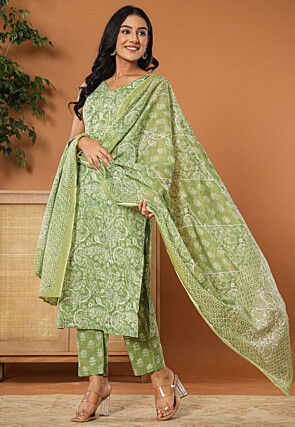Printed Pure Cotton Pakistani Suit in Light Green