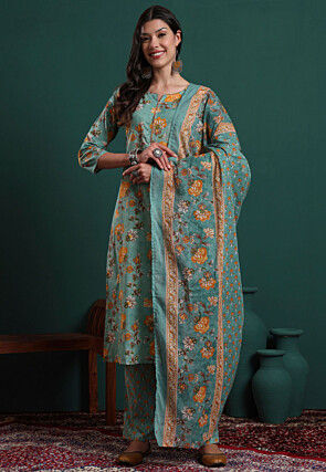 Printed Pure Cotton Pakistani Suit in Light Green
