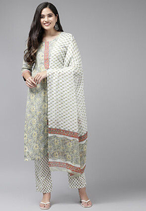 Printed Pure Cotton Pakistani Suit in Light Green