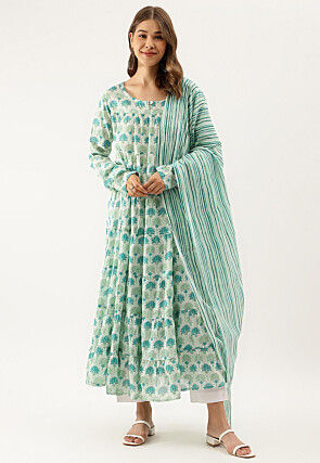 Printed Pure Cotton Pakistani Suit in Light Green