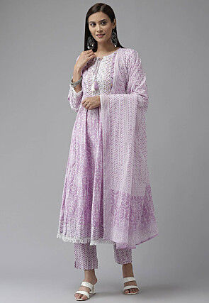 Printed Pure Cotton Pakistani Suit in Light Purple