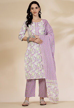 Printed Pure Cotton Pakistani Suit in Light Purple