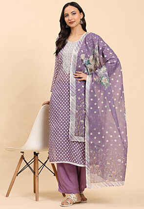 Printed Pure Cotton Pakistani Suit in Light Purple