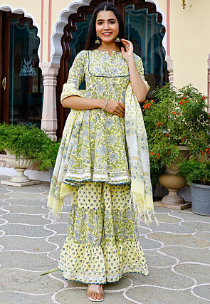 Printed Pure Cotton Pakistani Suit in Light Yellow