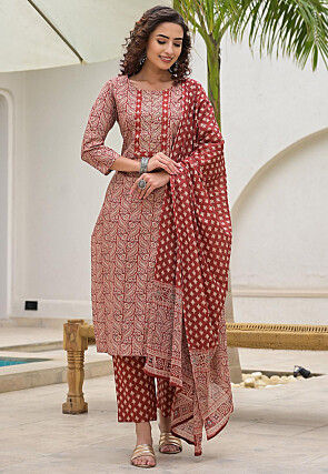 Printed Pure Cotton Pakistani Suit in Maroon