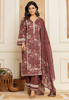 Printed Pure Cotton Pakistani Suit in Maroon