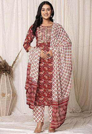Printed Pure Cotton Pakistani Suit in Maroon