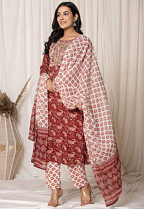 Printed Pure Cotton Pakistani Suit in Maroon
