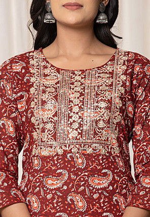 Printed Pure Cotton Pakistani Suit in Maroon