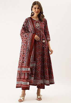 Printed Pure Cotton Pakistani Suit in Maroon
