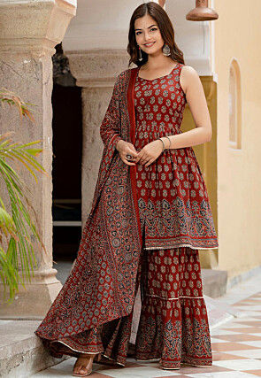 Printed Pure Cotton Pakistani Suit in Maroon