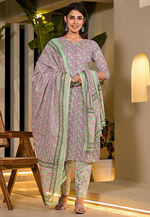 Printed Pure Cotton Pakistani Suit in Multicolor