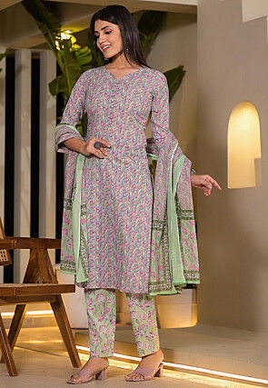 Printed Pure Cotton Pakistani Suit in Multicolor