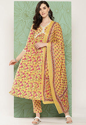 Printed Pure Cotton Pakistani Suit in Mustard