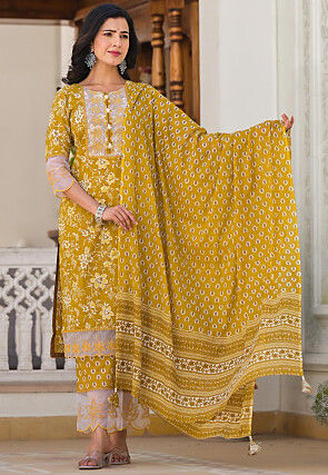 Tenue Salwar Kameez En Coton Pur Jaune Clair - Broderie Self Work - 3 Pièces Fait Main - Neuf Avec étiquettes