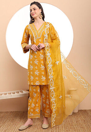Printed Pure Cotton Pakistani Suit in Mustard
