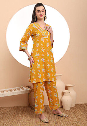 Printed Pure Cotton Pakistani Suit in Mustard