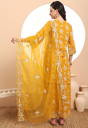 Printed Pure Cotton Pakistani Suit in Mustard