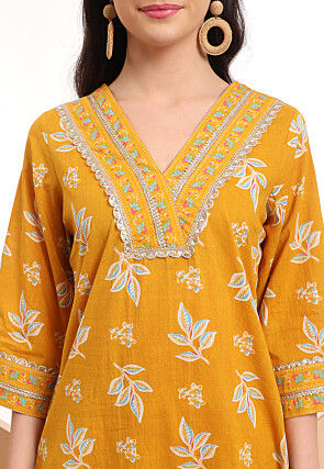Printed Pure Cotton Pakistani Suit in Mustard