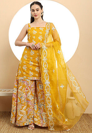 Printed Pure Cotton Pakistani Suit in Mustard