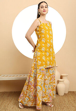 Printed Pure Cotton Pakistani Suit in Mustard
