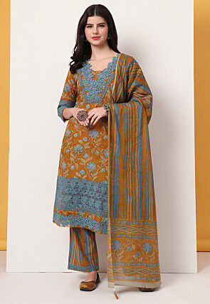 Printed Pure Cotton Pakistani Suit in Mustard