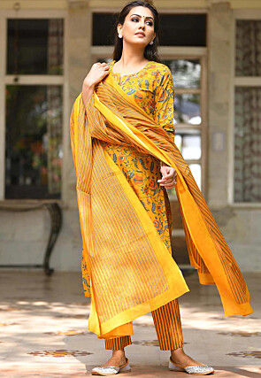 Printed Pure Cotton Pakistani Suit in Mustard