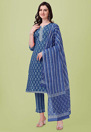 Printed Pure Cotton Pakistani Suit in Navy Blue