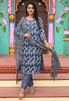 Printed Pure Cotton Pakistani Suit in Navy Blue