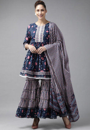 Printed Pure Cotton Pakistani Suit in Navy Blue