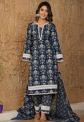 Printed Pure Cotton Pakistani Suit in Navy Blue