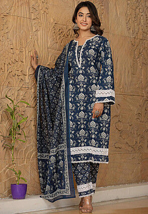 Printed Pure Cotton Pakistani Suit in Navy Blue