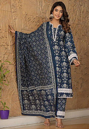 Printed Pure Cotton Pakistani Suit in Navy Blue