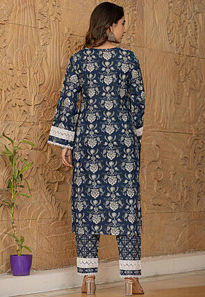 Printed Pure Cotton Pakistani Suit in Navy Blue