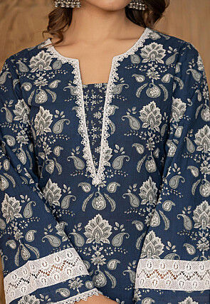 Printed Pure Cotton Pakistani Suit in Navy Blue