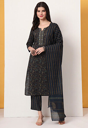 Printed Pure Cotton Pakistani Suit in Navy Blue