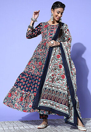 Printed Pure Cotton Pakistani Suit in Navy Blue